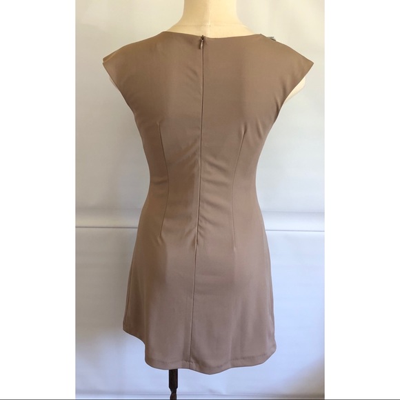 Petites Friendly Tan Mini Dress with Beaded Neckline - Picture 7 of 10